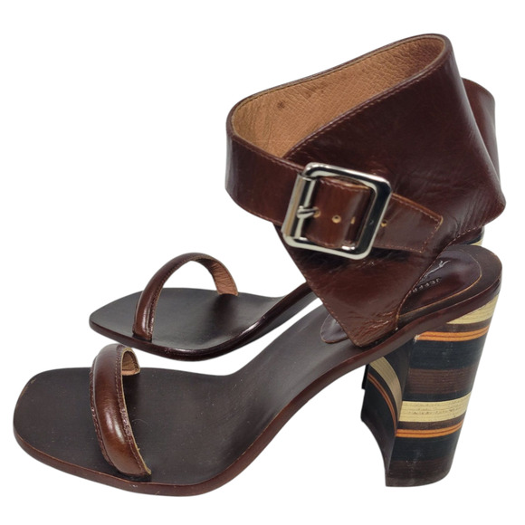 Free People Cabana Heels Brown Jeffrey Campbell Leather Sandals Wooden Block 7 - Picture 1 of 14